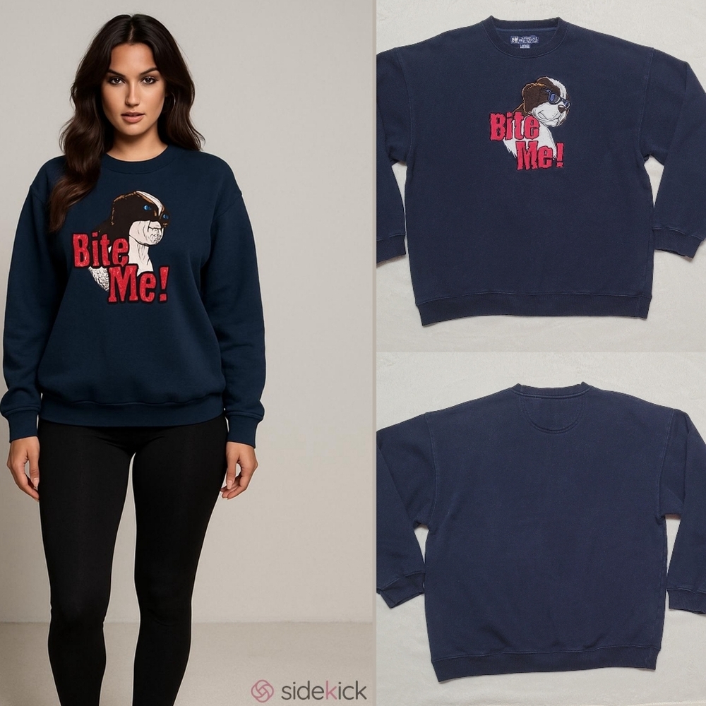 Bite Me Big Dogs Navy Blue Embroidered Graphic Fleece Lined Sweatshirt S